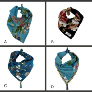 Collage of four dog bandanas - black floral one, turquoise floral with stones, turquoise floral with ribbon and a teal floral one with tassel