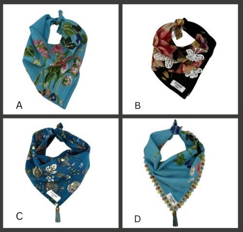 Collage of four dog bandanas - black floral one, turquoise floral with stones, turquoise floral with ribbon and a teal floral one with tassel