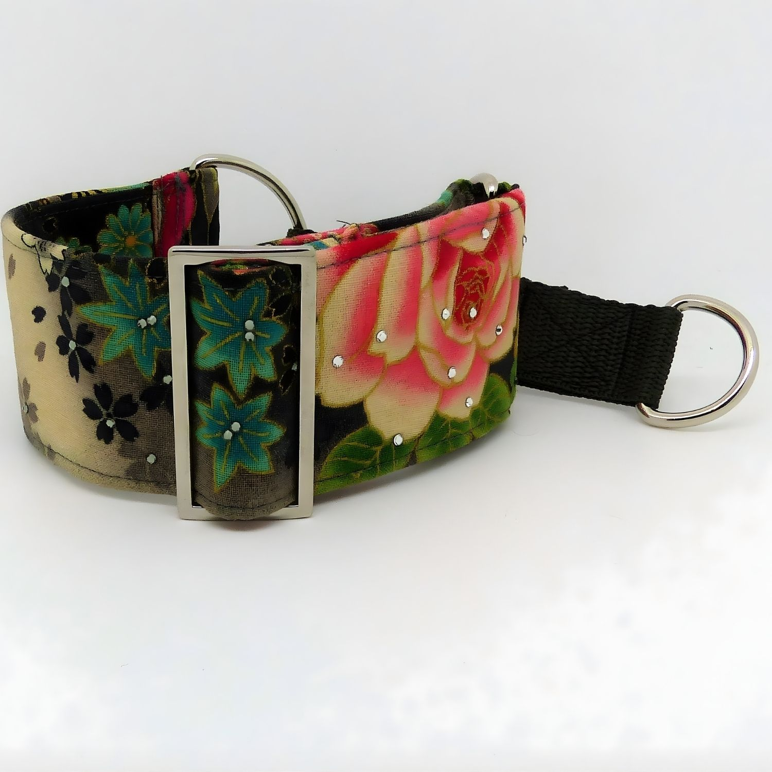 Crystal Wolf martingale collar in oriental blossom fabric coloured black, pink and grey