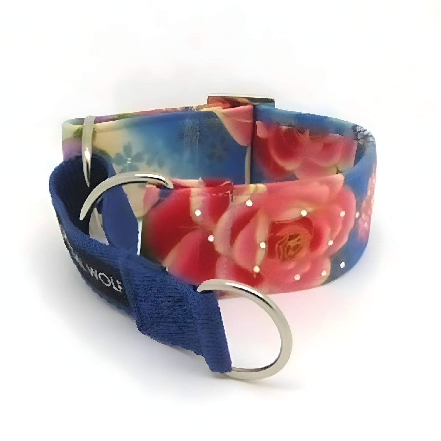Crystal Wolf martingale dog collar in Oriental blossom fabric in blue and pink with crystals