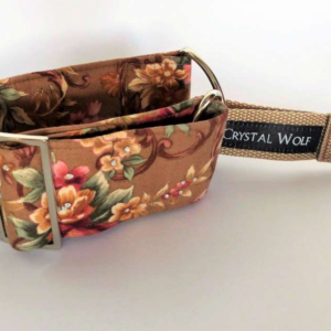 Martingale dog collar in brown floral fabric adorned with sparkling crystals, featuring metal hardware and an adjustable, slip-free design.