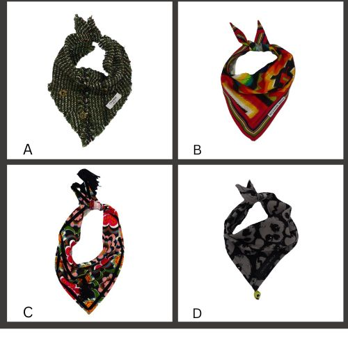 Collage of four dog bandanas - green tweed one, Mexican pattern one, bright floral with ribbon and tassels and a black and grey skull print one with tassel