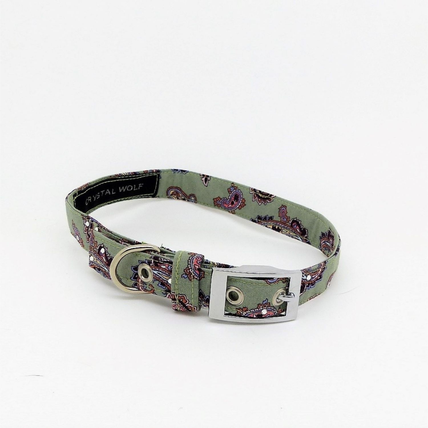 ide view of a handmade Paisley Small Dog Collar crafted from upcycled fabric, featuring a colourful paisley pattern, adjustable buckle fastening, and lightweight design for everyday wear.