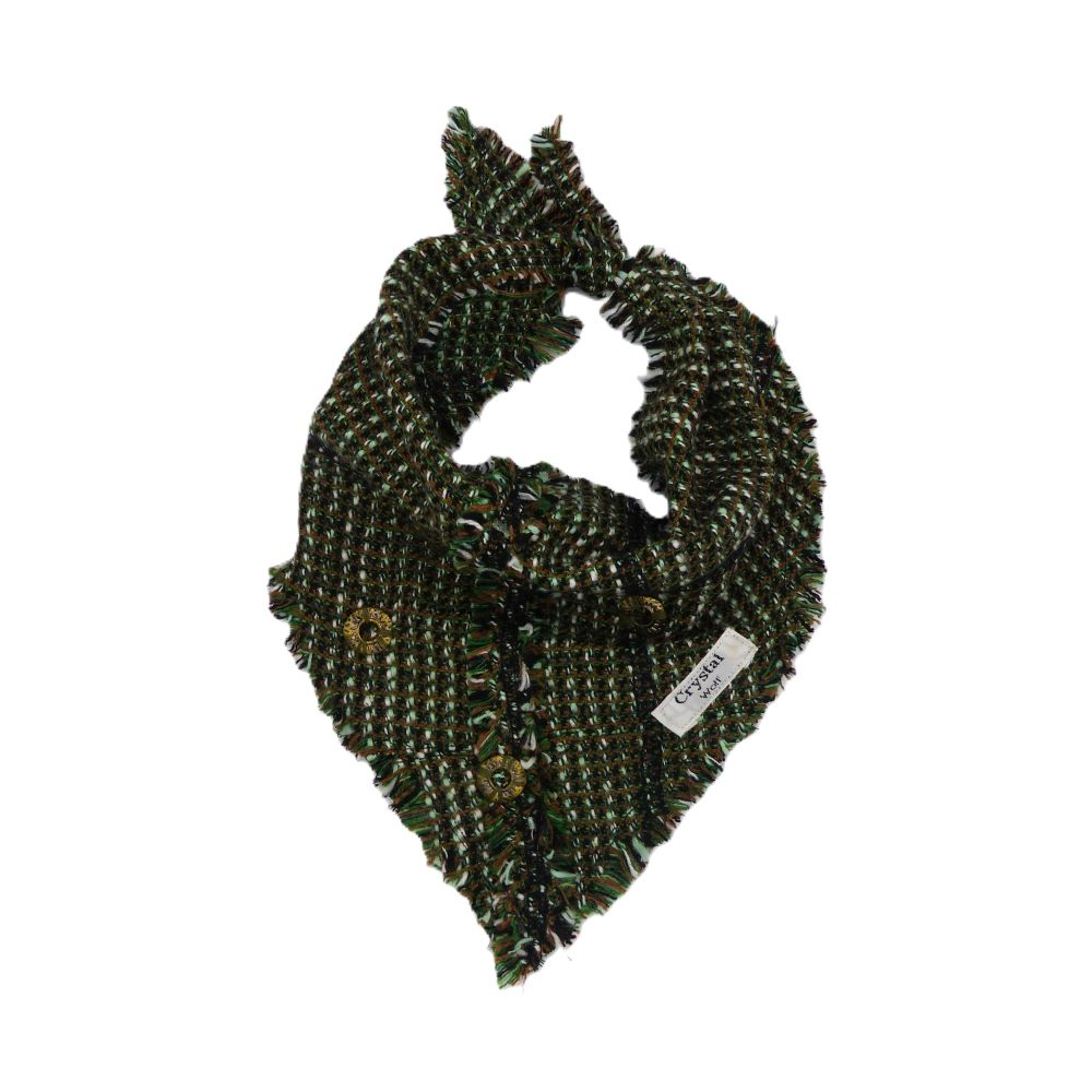 Green tweed dog bandana decorated with small metal buttons, displayed lying flat on a surface.