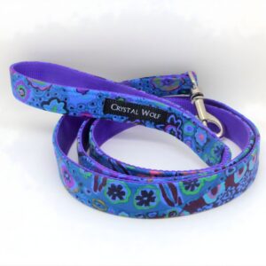 dog lead in pretty blue patterned fabric with silver clip